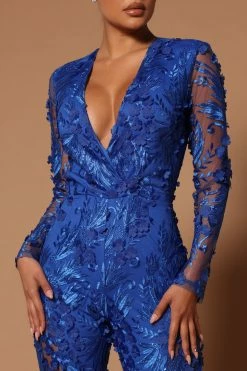 Fashion Nova Chantal Long Sleeve Lace Jumpsuit - Royal