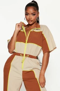 Fashion Nova Jumpsuits Utility Player Colorblock Jumpsuit - Brown/combo