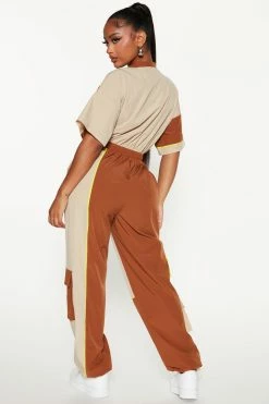 Fashion Nova Jumpsuits Utility Player Colorblock Jumpsuit - Brown/combo