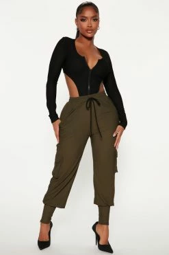 Fashion Nova Next Level Long Sleeve Mesh Jumpsuit - Black/Green Jumpsuits