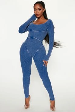 Fashion Nova Jumpsuits Brooklyn Ribbed Jumpsuit - Navy