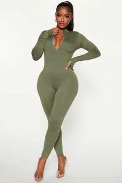 Fashion Nova Houston Hottie Thumbhole Jumpsuit - Olive Jumpsuits
