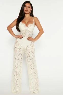 Fashion Nova Jumpsuits Evening Glow Lace Jumpsuit - Cream