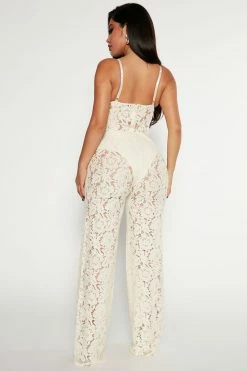 Fashion Nova Jumpsuits Evening Glow Lace Jumpsuit - Cream