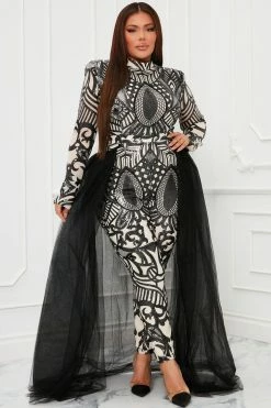 Fashion Nova Bring The Drama Tulle Sequin Jumpsuit - Black/combo