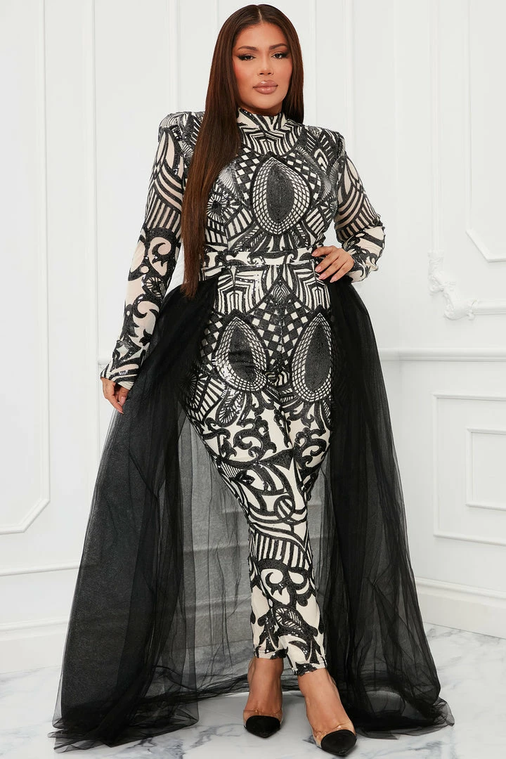 Fashion Nova Bring The Drama Tulle Sequin Jumpsuit - Black/combo