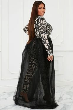 Fashion Nova Bring The Drama Tulle Sequin Jumpsuit - Black/combo