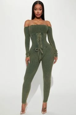 Fashion Nova Memphis Ribbed Jumpsuit - Olive Jumpsuits