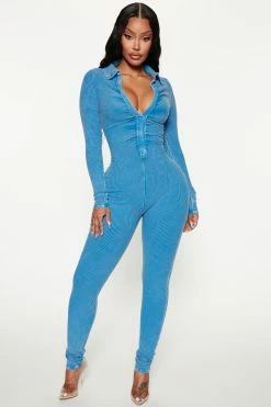Fashion Nova Denver Ribbed Jumpsuit - Blue Jumpsuits