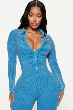 Fashion Nova Denver Ribbed Jumpsuit - Blue Jumpsuits