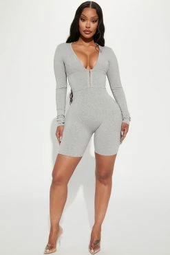 Fashion Nova Addison Snatched Romper - Heather Grey Rompers