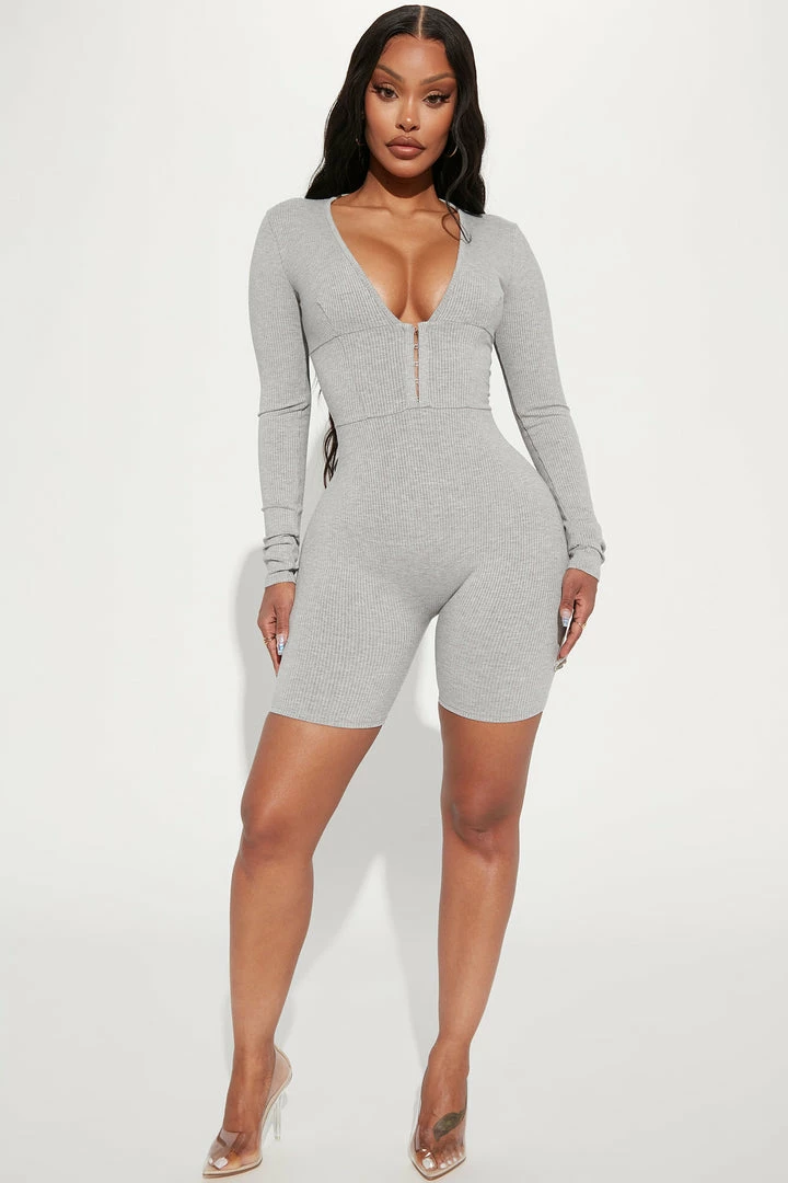 Fashion Nova Addison Snatched Romper - Heather Grey Rompers