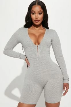 Fashion Nova Addison Snatched Romper - Heather Grey Rompers