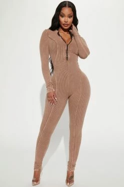 Fashion Nova Perfect Vibe Ribbed Jumpsuit - Mocha Jumpsuits