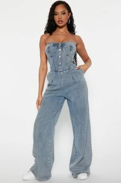 Fashion Nova Haven Denim Jumpsuit - Light Wash Jumpsuits
