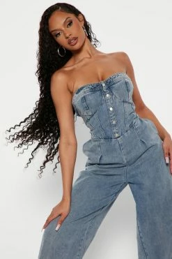 Fashion Nova Haven Denim Jumpsuit - Light Wash Jumpsuits
