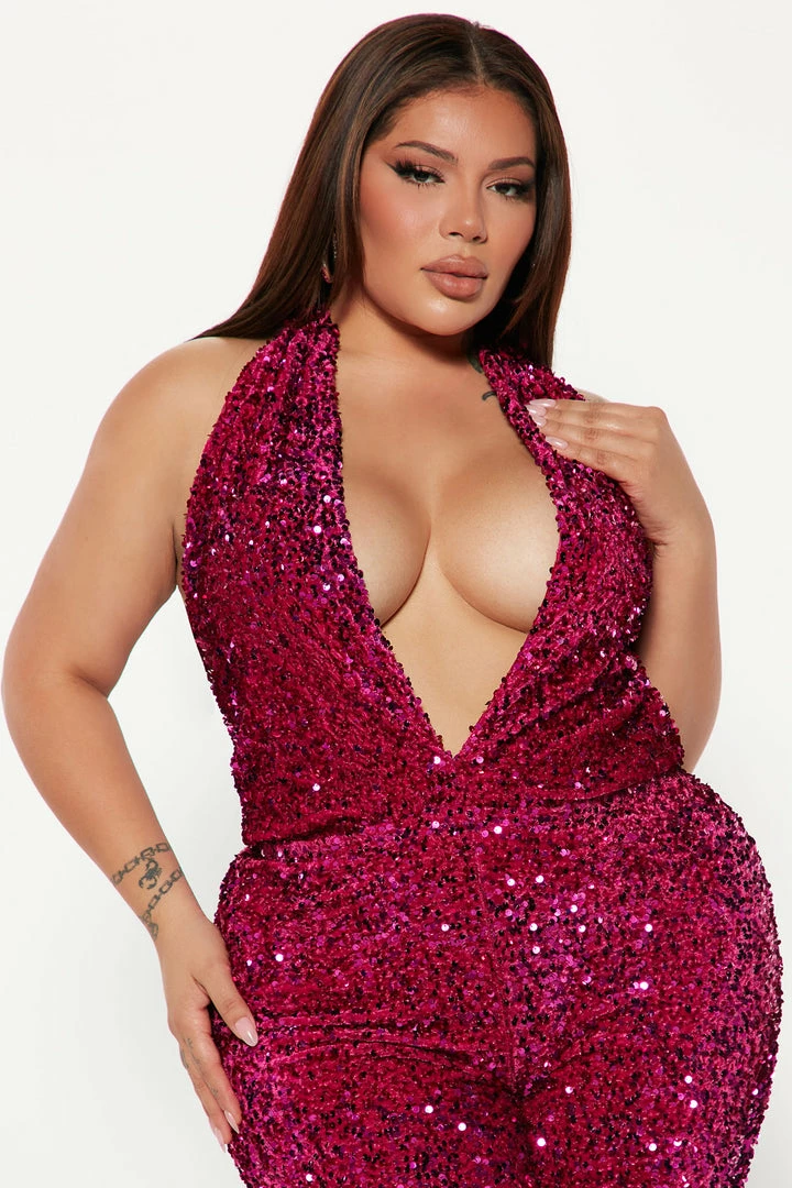 Fashion Nova Here To Party Sequin Jumpsuit - Magenta