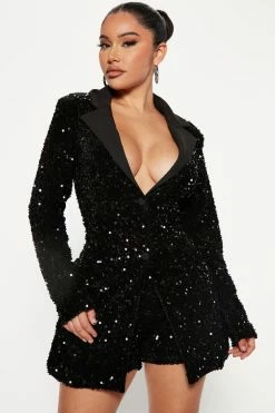 Fashion Nova Material Girl Sequin Blazer Romper - Black