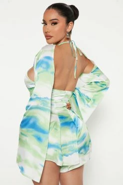 Fashion Nova Costa Rica Long Sleeve Romper - Green/combo Rompers