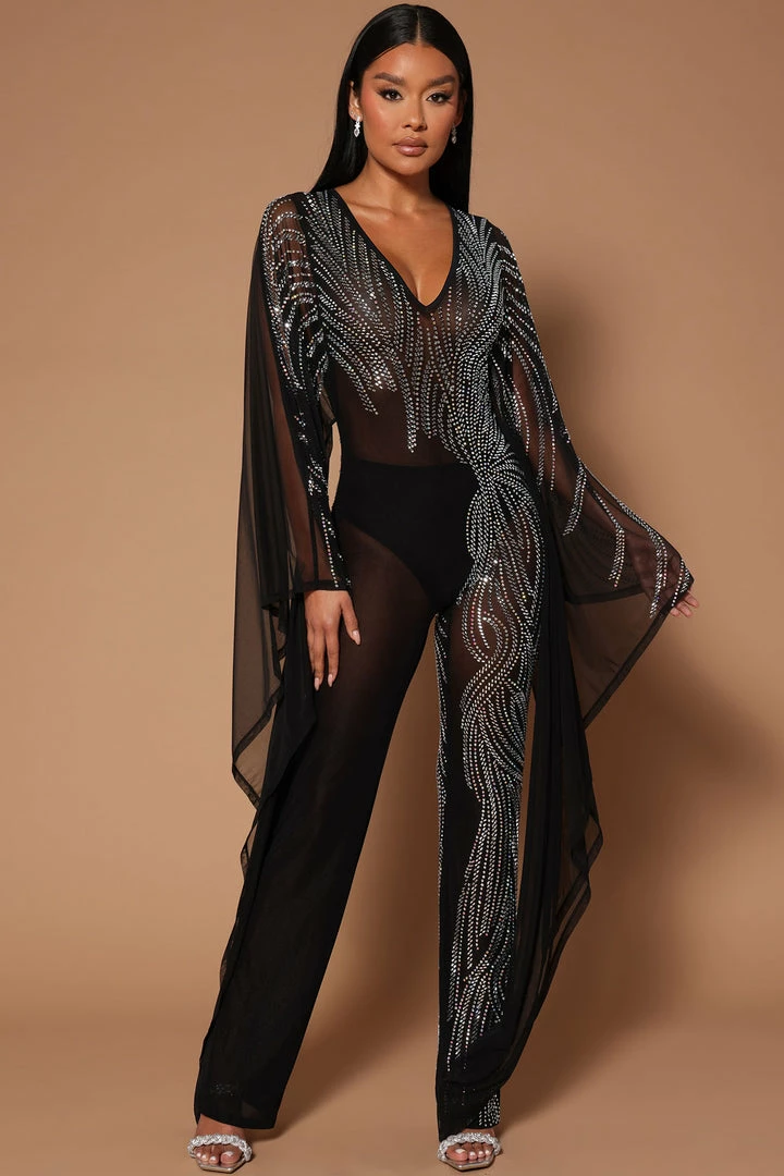 Fashion Nova Just A Dream Rhinestone Jumpsuit - Black Jumpsuits
