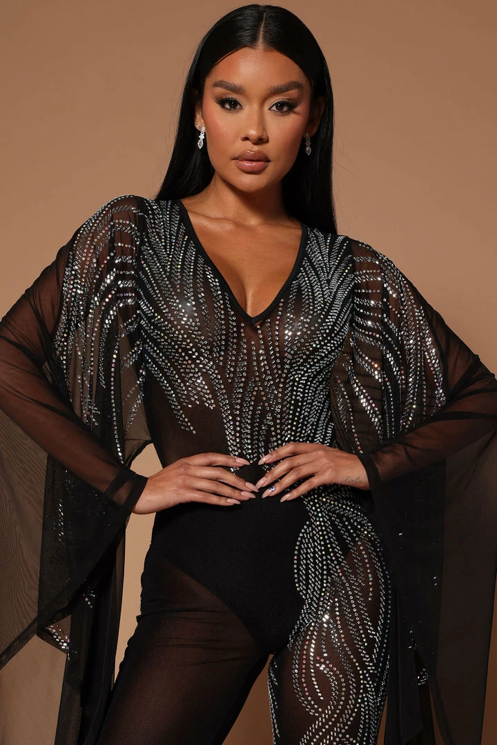 Fashion Nova Just A Dream Rhinestone Jumpsuit - Black Jumpsuits
