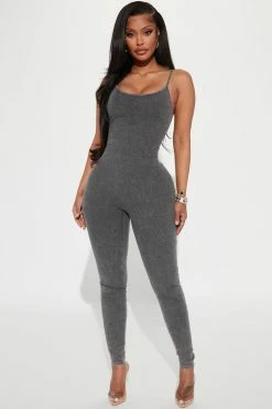 Fashion Nova Nova Season Mineral Wash Rib Jumpsuit - Charcoal Jumpsuits