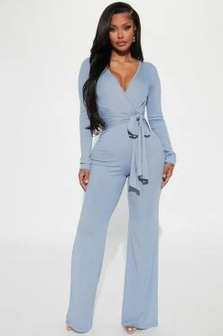 Fashion Nova Hayden Slinky Rib Jumpsuit - Dusty Blue