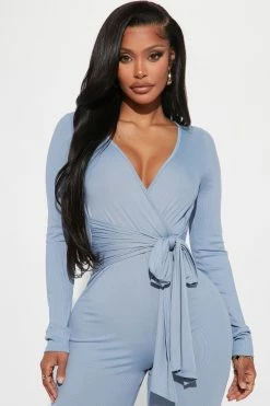 Fashion Nova Hayden Slinky Rib Jumpsuit - Dusty Blue