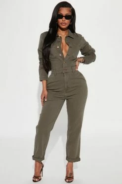 Fashion Nova Dreaming Of Denim Jumpsuit - Olive