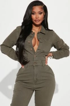 Fashion Nova Dreaming Of Denim Jumpsuit - Olive