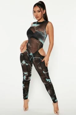 Fashion Nova Jumpsuits Stormy Weather Jumpsuit - Aqua/Combo