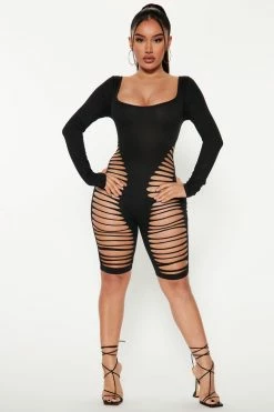 Fashion Nova Rompers Slashed Away Long Sleeve Romper - Black