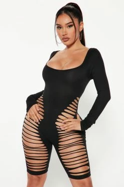 Fashion Nova Rompers Slashed Away Long Sleeve Romper - Black