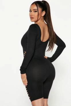 Fashion Nova Rompers Slashed Away Long Sleeve Romper - Black