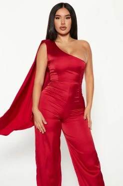 Fashion Nova Sophisticated Satin Jumpsuit - Red Jumpsuits