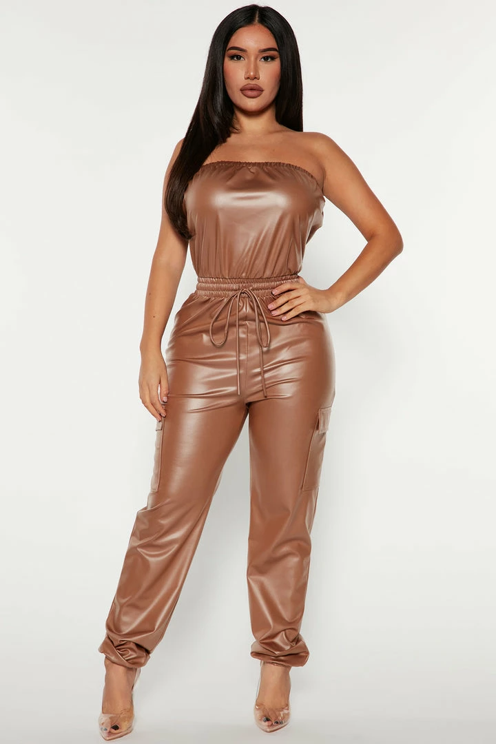 Fashion Nova Jumpsuits Lilliana Faux Leather Jumpsuit - Mocha