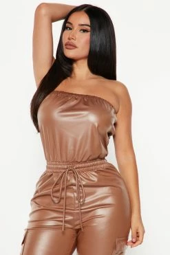 Fashion Nova Jumpsuits Lilliana Faux Leather Jumpsuit - Mocha