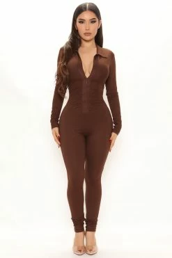 Fashion Nova Simple Nights Jumpsuit - Chocolate