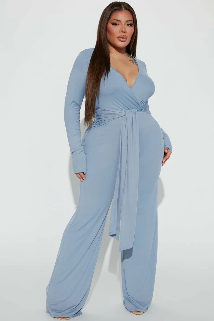 Fashion Nova Hayden Slinky Rib Jumpsuit - Dusty Blue