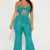 Fashion Nova Skye Sequin Corset Jumpsuit - Turquoise