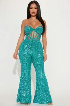 Fashion Nova Skye Sequin Corset Jumpsuit - Turquoise