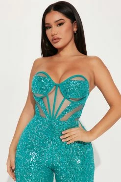 Fashion Nova Skye Sequin Corset Jumpsuit - Turquoise