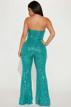 Fashion Nova Skye Sequin Corset Jumpsuit - Turquoise