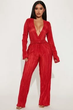 Fashion Nova Kira Plisse Jumpsuit - Burgundy Jumpsuits