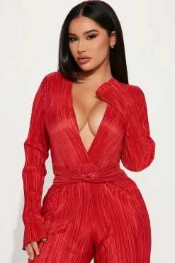 Fashion Nova Kira Plisse Jumpsuit - Burgundy Jumpsuits