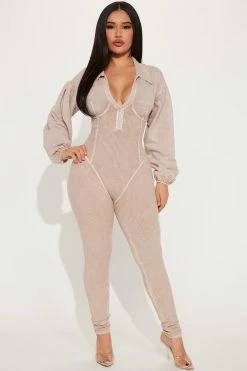 Fashion Nova Ready Or Ribbed Jumpsuit - Taupe Jumpsuits