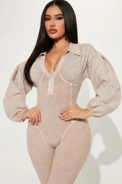 Fashion Nova Ready Or Ribbed Jumpsuit - Taupe Jumpsuits