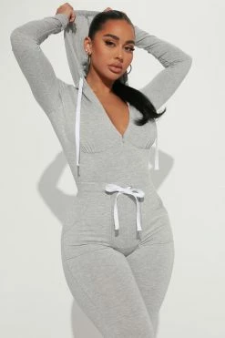 Fashion Nova Chill Day Long Sleeve Jumpsuit - Heather Grey