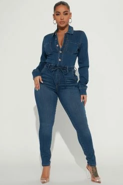 Fashion Nova Don't Go Denim Jumpsuit - Dark Wash Jumpsuits