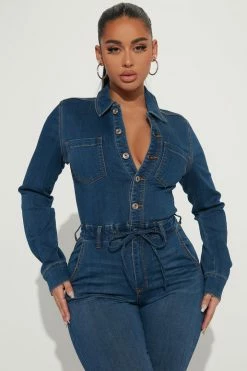 Fashion Nova Don't Go Denim Jumpsuit - Dark Wash Jumpsuits